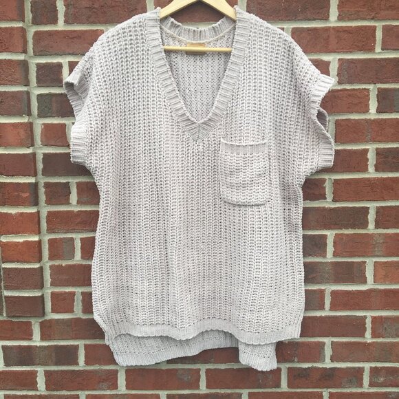 POL Sweater Oversized Chunky Chenille Knit Small Tan Short Sleeve Vneck - Picture 3 of 8